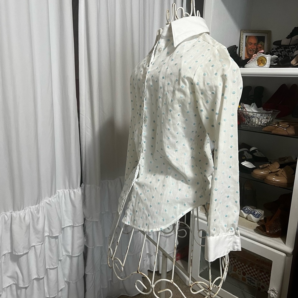 Vintage 1960’s era White with turquoise polka dots Women’s blouse!
